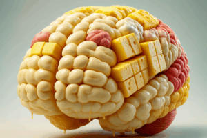 Immagine tridimensionale di un cervello realistico composto da formaggio e materia grassa, usata come metafora del legame tra nutrizione, grassi e cervello.