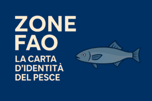 Immagine con sfondo blu e scritta “Zone FAO – La carta d’identità del pesce”, con illustrazione stilizzata di un pesce. Rappresenta il concetto di tracciabilità e origine del pesce.
