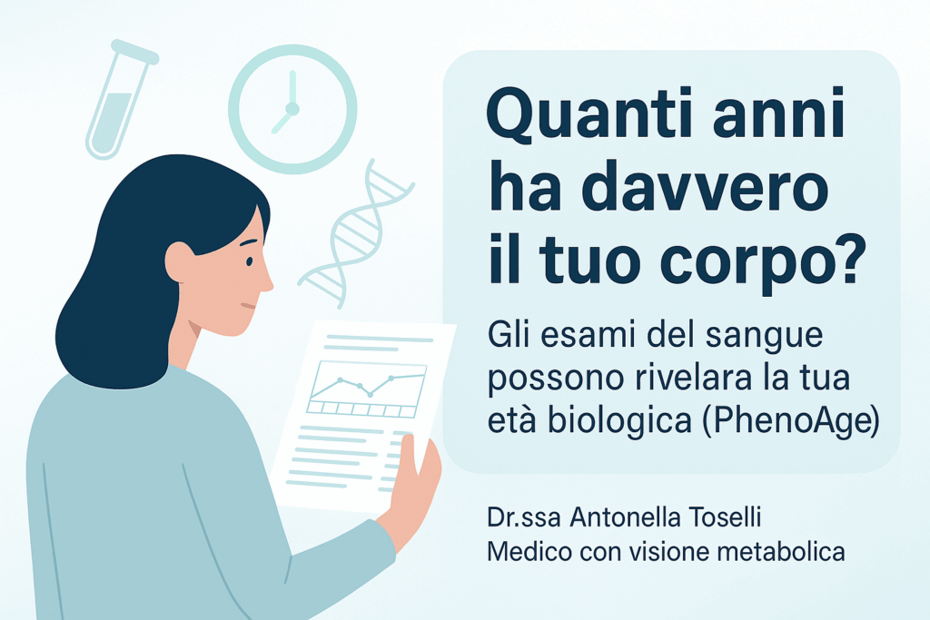 Immagine con una donna che guarda i risultati degli esami del sangue e la scritta “Quanti anni ha davvero il tuo corpo? Gli esami del sangue possono rivelare la tua età biologica (PhenoAge)”, Dr.ssa Antonella Toselli medico con visione metabolica.