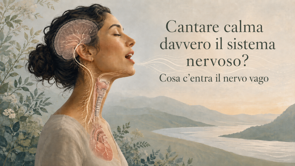 Donna che canta con rappresentazione di cervello, laringe, nervo vago e onde del respiro per spiegare come il canto può influenzare il sistema nervoso autonomo.