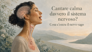 Donna che canta con rappresentazione di cervello, laringe, nervo vago e onde del respiro per spiegare come il canto può influenzare il sistema nervoso autonomo.