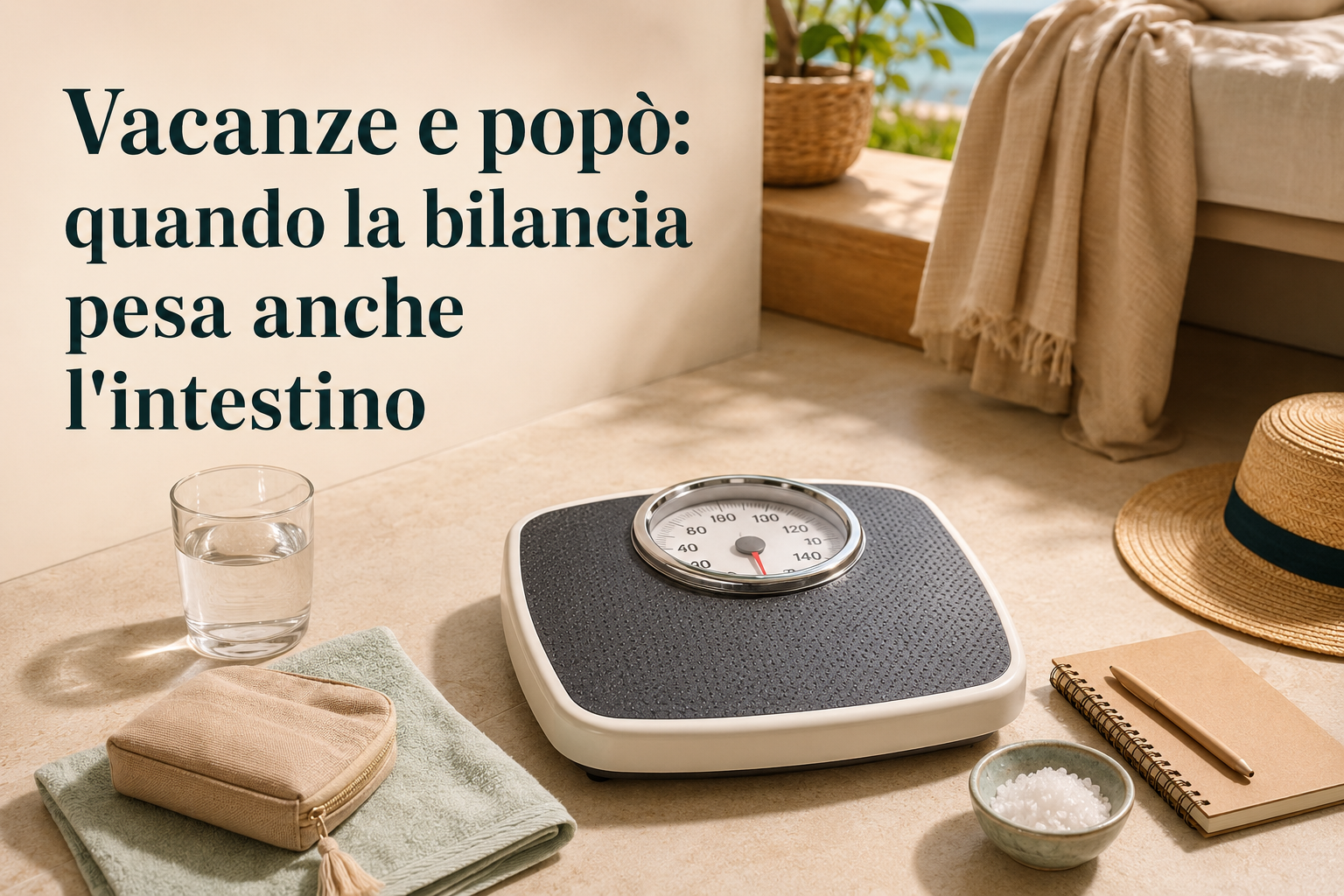 Bilancia in una camera di vacanza con acqua, sali e valigia, per spiegare che il peso può aumentare anche a causa dell’intestino rallentato.