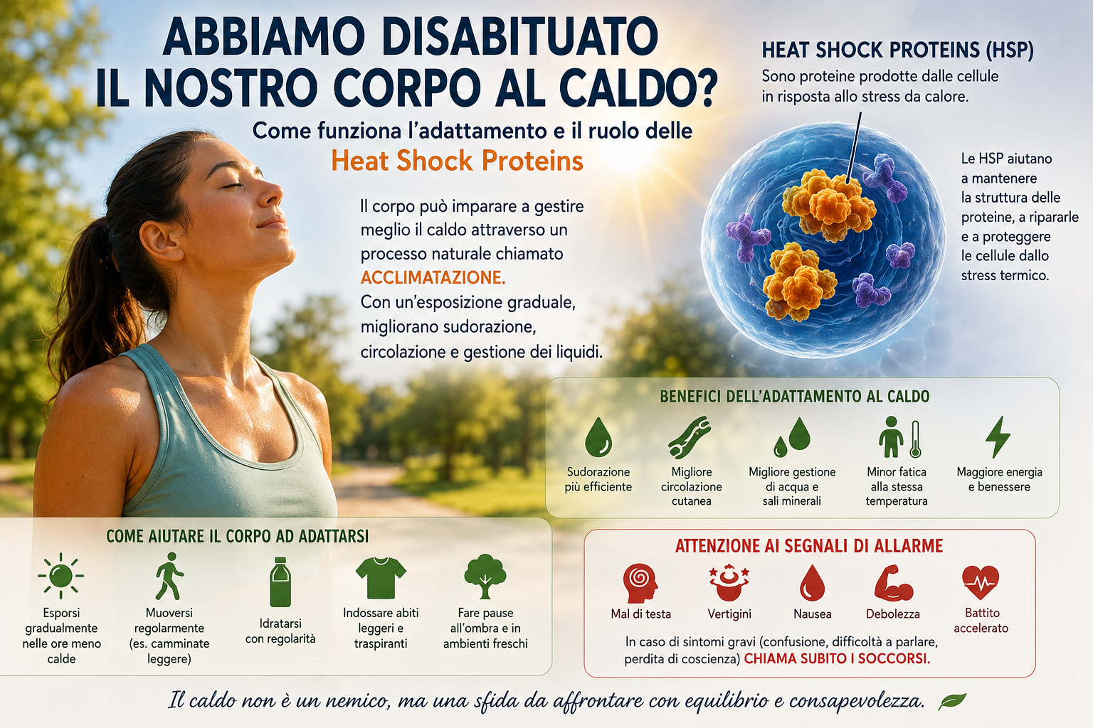 Infografica sull’adattamento al caldo, con donna esposta al sole, Heat Shock Proteins, benefici dell’acclimatazione e segnali di allarme del colpo di calore.