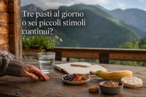 Tavolo con piccoli spuntini, frutta, gallette e cracker davanti a un paesaggio di montagna, con la domanda “Tre pasti al giorno o sei piccoli stimoli continui?