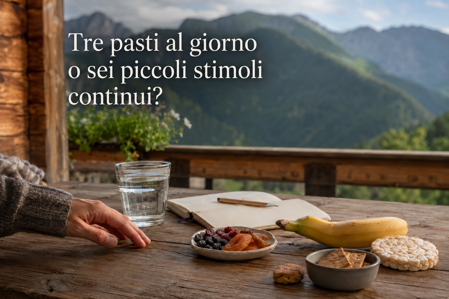 Tavolo con piccoli spuntini, frutta, gallette e cracker davanti a un paesaggio di montagna, con la domanda “Tre pasti al giorno o sei piccoli stimoli continui?
