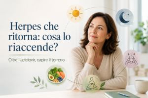 Donna pensierosa con simboli di stress, sonno, alimentazione e benessere, per spiegare i fattori che possono favorire le recidive dell’herpes.