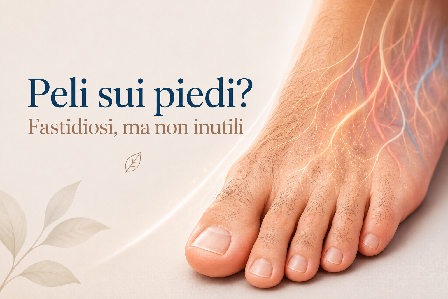 Piede con peli sul dorso e rappresentazione dei vasi sanguigni, per spiegare il possibile legame tra crescita dei peli e circolazione periferica.