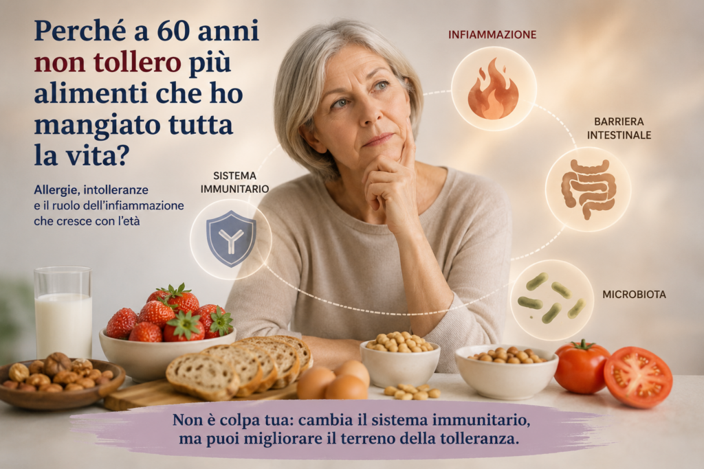Donna di circa 60 anni davanti ad alimenti comuni, simbolo di nuove reazioni o allergie alimentari in età adulta.