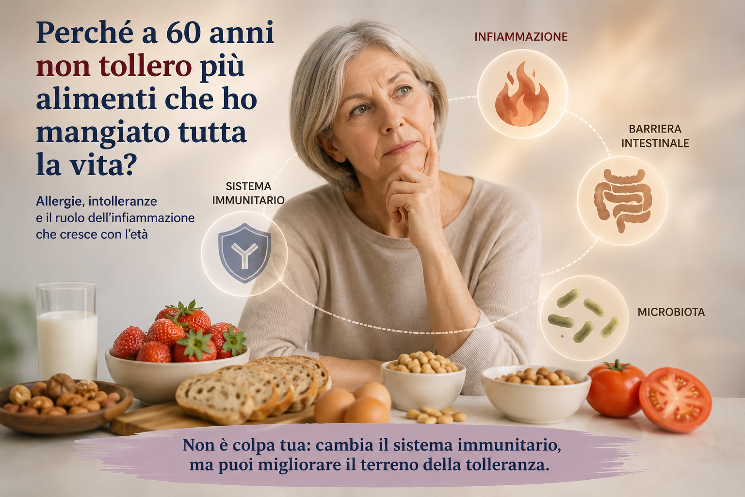 Donna di circa 60 anni davanti ad alimenti comuni, simbolo di nuove reazioni o allergie alimentari in età adulta.