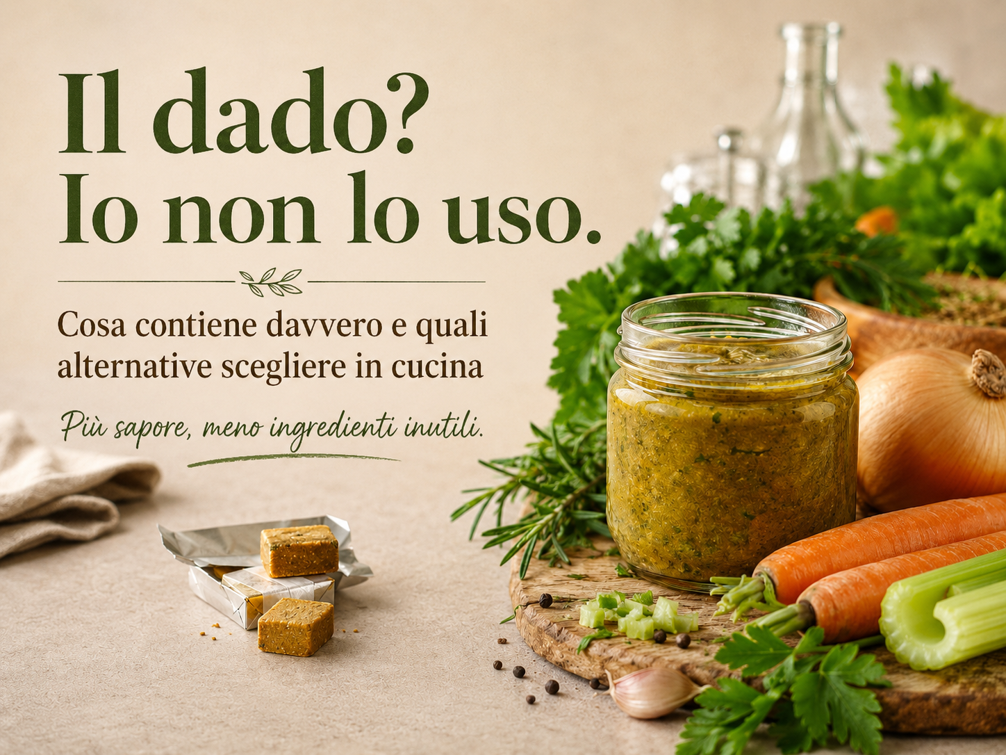 Dado industriale accanto a un vasetto di preparato vegetale fatto in casa con carote, sedano, cipolla, aglio ed erbe aromatiche.