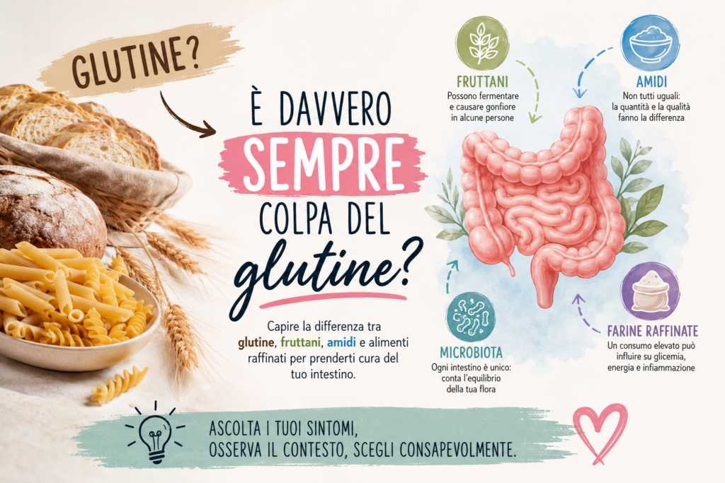 Pane, pasta e intestino per spiegare la differenza tra glutine, fruttani e amidi nei disturbi intestinali.