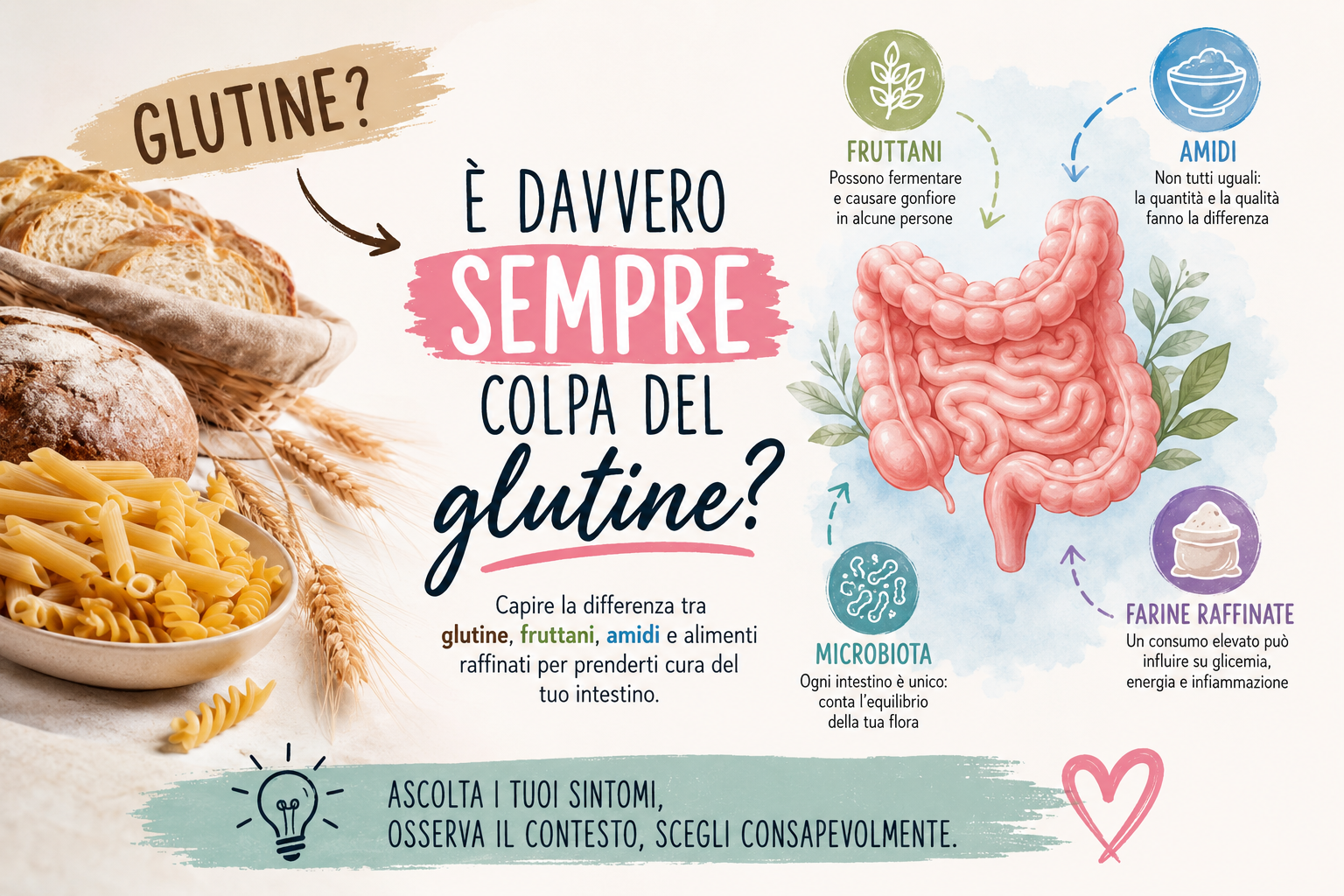 Pane, pasta e intestino per spiegare la differenza tra glutine, fruttani e amidi nei disturbi intestinali.