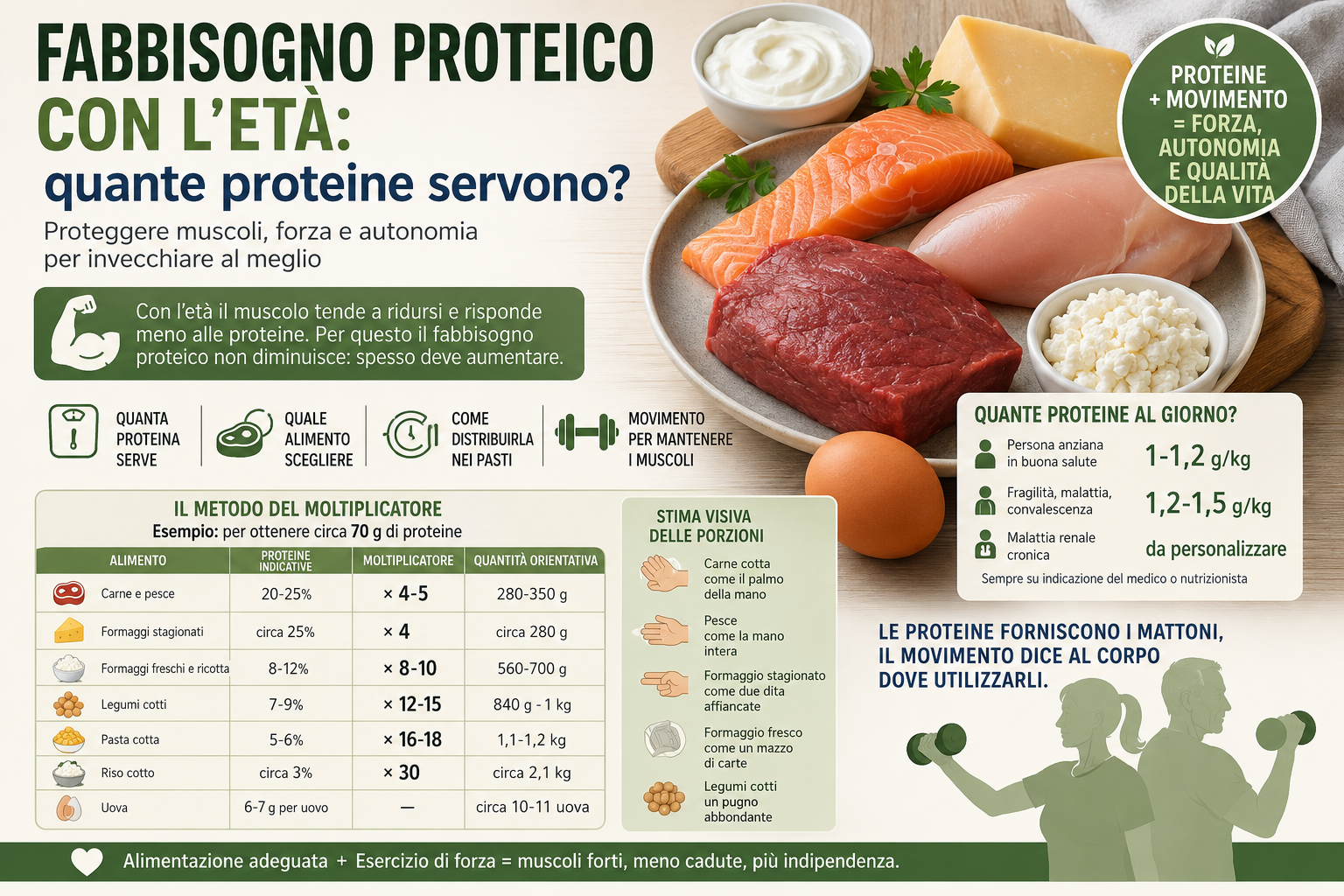 Infografica sul fabbisogno proteico con l’età, con alimenti ricchi di proteine, quantità giornaliere indicative, distribuzione nei pasti e importanza dell’esercizio di forza.